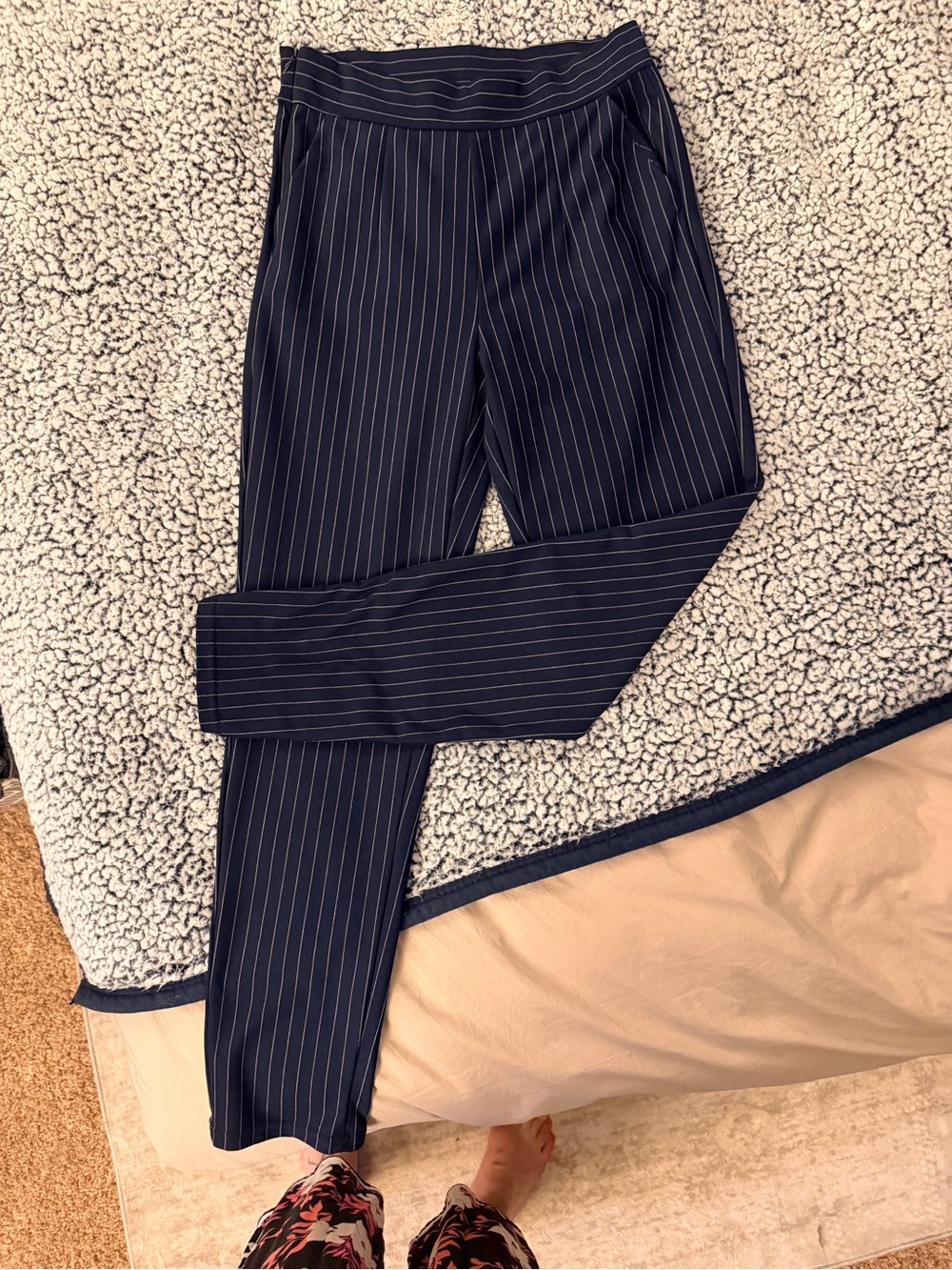 New Mix Navy and White Pinstripe Trousers Women’s L comfy!